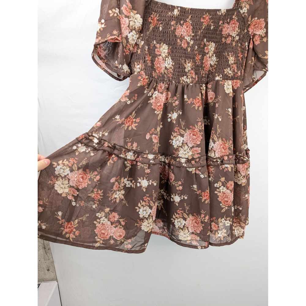 Floral Tiered Smocked Mini Dress Size M Brown Pink Cottagecore Romantic Fairy - Picture 4 of 10